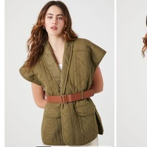 NWT FOREVER 21 Ribbed Quilted Belted Vest Olive SZ XS